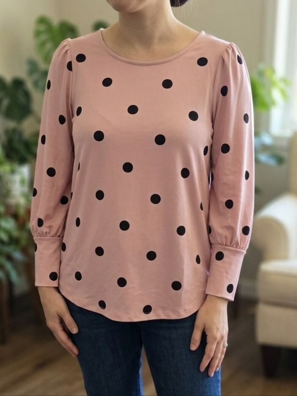 Laura Pink Black Polka Dot Long Sleeve Top Blouse - Size Medium